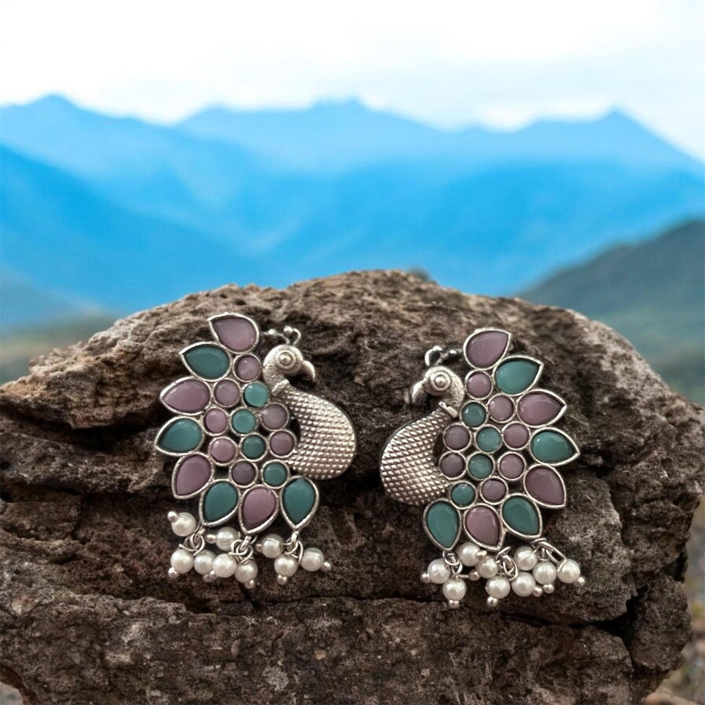 Playful Peahen Oxidized Earrings