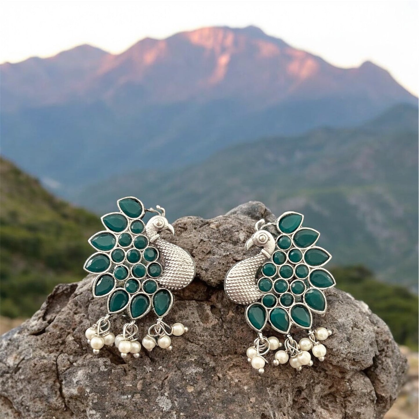 Playful Peahen Oxidized Earrings
