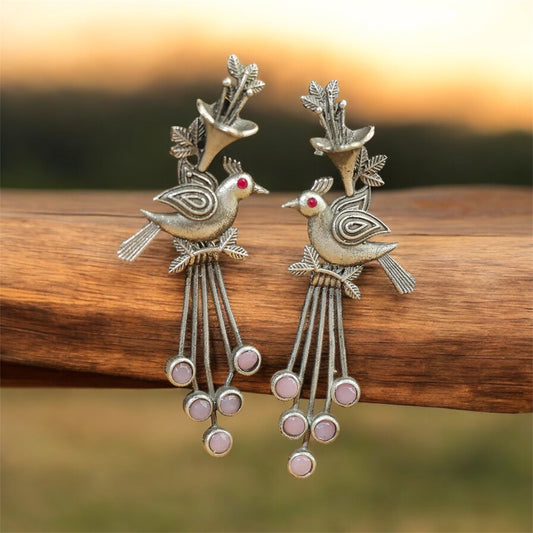 Victorian Bird Oxidized Ruby Earrings