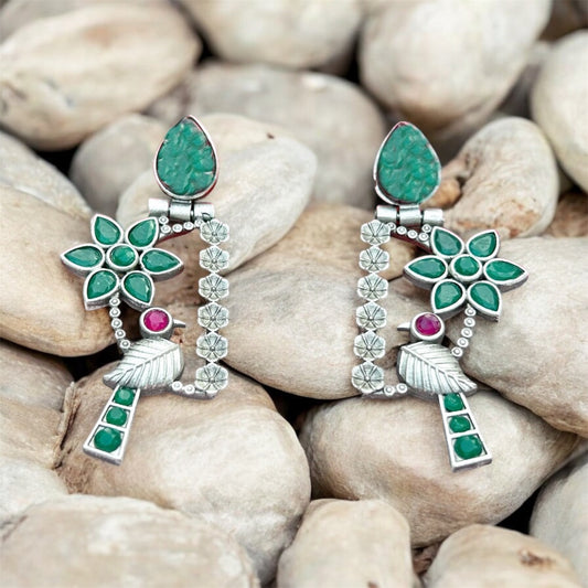 Lustrous Leafbird Oxidized Emerald Earrings