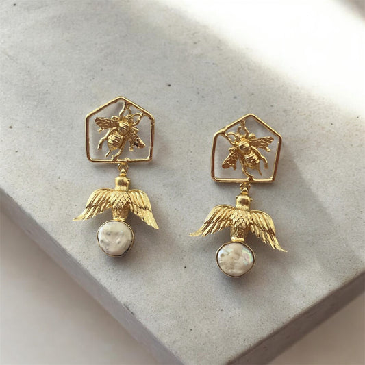 Falcon and a Bee Baroque Pearl Earrings