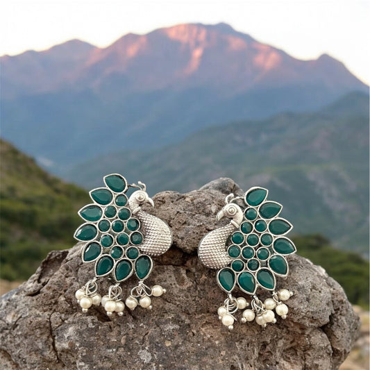 Playful Peahen Oxidized Earrings